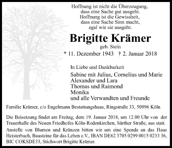 Anzeige von Brigitte Krämer von Kölner Stadt-Anzeiger / Kölnische Rundschau / Express