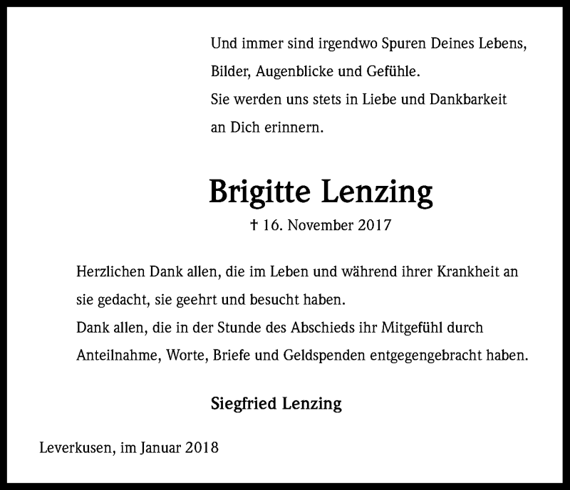 Traueranzeige für Brigitte Lenzing vom 06.01.2018 aus Kölner Stadt-Anzeiger / Kölnische Rundschau / Express