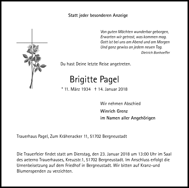  Traueranzeige für Brigitte Pagel vom 17.01.2018 aus Kölner Stadt-Anzeiger / Kölnische Rundschau / Express