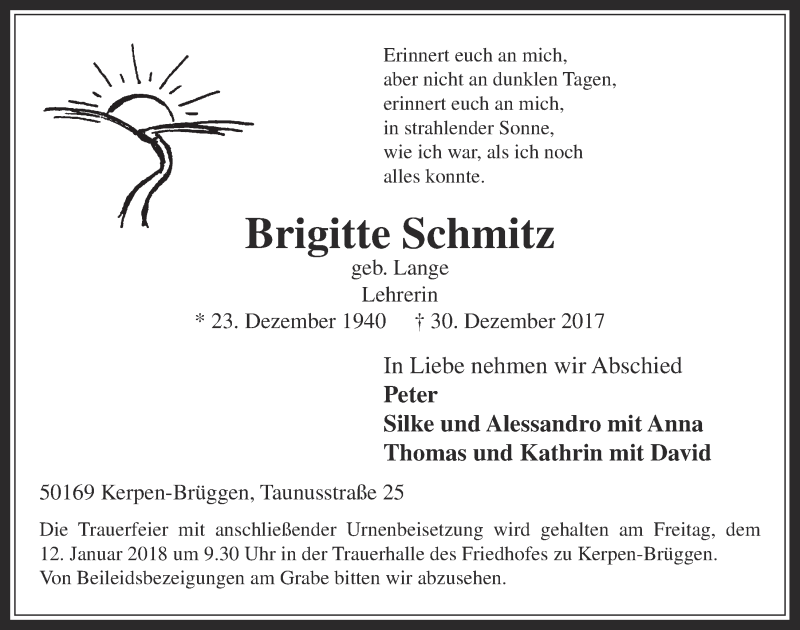  Traueranzeige für Brigitte Schmitz vom 10.01.2018 aus  Werbepost 