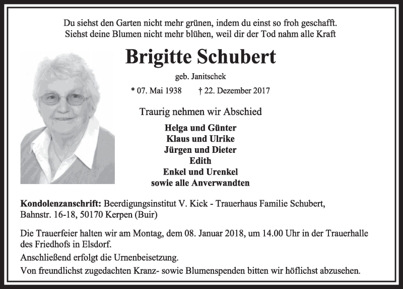  Traueranzeige für Brigitte Schubert vom 06.01.2018 aus  Sonntags-Post 
