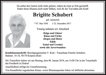Anzeige von Brigitte Schubert von  Sonntags-Post 