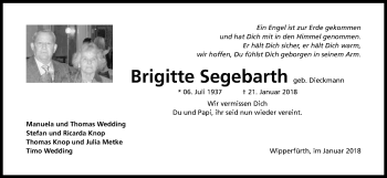 Anzeige von Brigitte Segebarth von Kölner Stadt-Anzeiger / Kölnische Rundschau / Express
