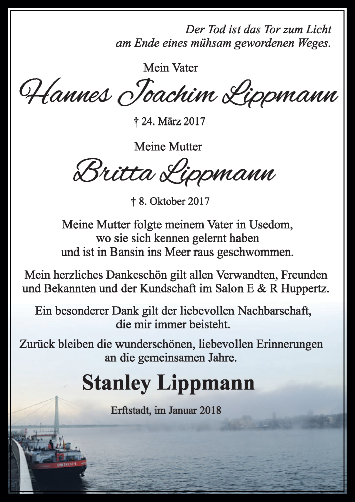  Traueranzeige für Britta Lippmann vom 20.01.2018 aus  Sonntags-Post 