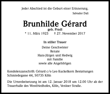 Anzeige von Brunhilde Gérard von Kölner Stadt-Anzeiger / Kölnische Rundschau / Express