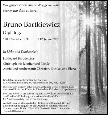 Anzeige von Bruno Bartkiewicz von Kölner Stadt-Anzeiger / Kölnische Rundschau / Express