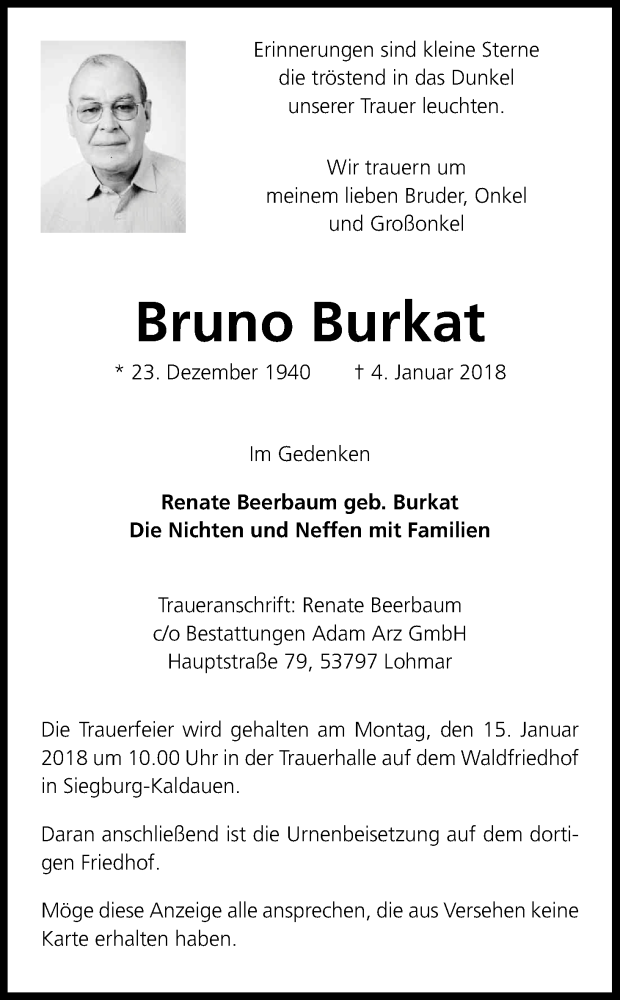  Traueranzeige für Bruno Burkat vom 10.01.2018 aus Kölner Stadt-Anzeiger / Kölnische Rundschau / Express