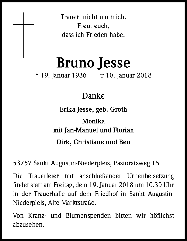  Traueranzeige für Bruno Jesse vom 13.01.2018 aus Kölner Stadt-Anzeiger / Kölnische Rundschau / Express