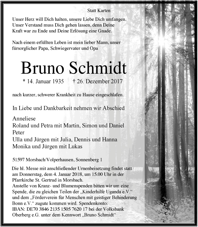  Traueranzeige für Bruno Schmidt vom 03.01.2018 aus  Lokalanzeiger 