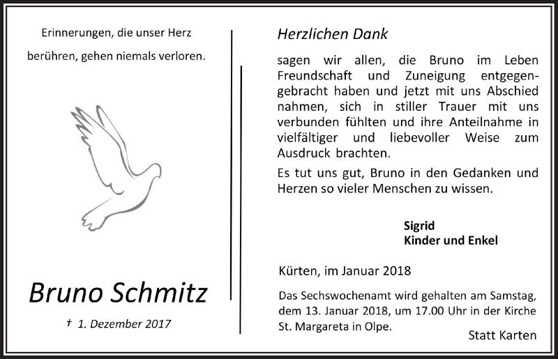  Traueranzeige für Bruno Schmitz vom 10.01.2018 aus  Bergisches Handelsblatt 