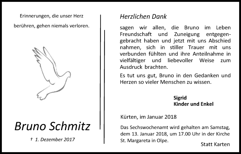  Traueranzeige für Bruno Schmitz vom 10.01.2018 aus Kölner Stadt-Anzeiger / Kölnische Rundschau / Express