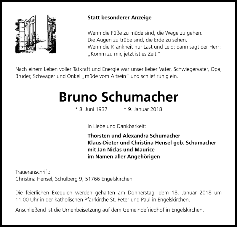  Traueranzeige für Bruno Schumacher vom 13.01.2018 aus Kölner Stadt-Anzeiger / Kölnische Rundschau / Express