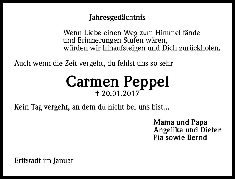  Traueranzeige für Carmen Peppel vom 20.01.2018 aus Kölner Stadt-Anzeiger / Kölnische Rundschau / Express