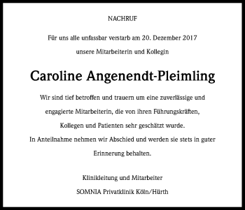 Anzeige von Caroline Angenendt-Pleimling von Kölner Stadt-Anzeiger / Kölnische Rundschau / Express