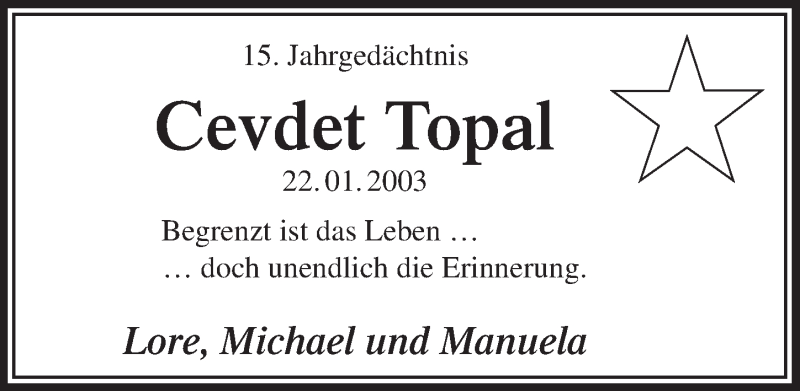  Traueranzeige für Cevdet Topal vom 17.01.2018 aus  Extra Blatt 