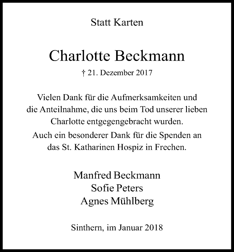  Traueranzeige für Charlotte Beckmann vom 31.01.2018 aus Kölner Stadt-Anzeiger / Kölnische Rundschau / Express