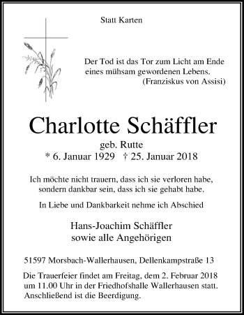Anzeige von Charlotte Schäffler von Kölner Stadt-Anzeiger / Kölnische Rundschau / Express
