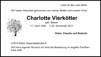 Anzeige von Charlotte Vierkötter von Kölner Stadt-Anzeiger / Kölnische Rundschau / Express