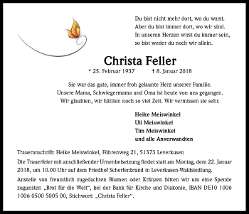Anzeige von Christa Feller von Kölner Stadt-Anzeiger / Kölnische Rundschau / Express