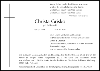 Anzeige von Christa Grisko von Kölner Stadt-Anzeiger / Kölnische Rundschau / Express