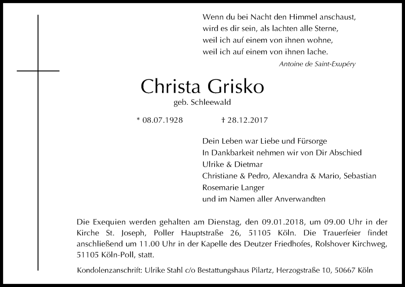  Traueranzeige für Christa Grisko vom 06.01.2018 aus Kölner Stadt-Anzeiger / Kölnische Rundschau / Express