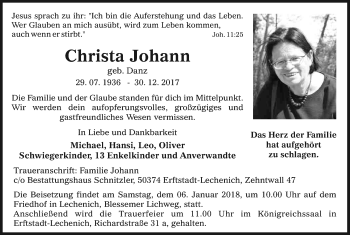 Anzeige von Christa Johann von Kölner Stadt-Anzeiger / Kölnische Rundschau / Express