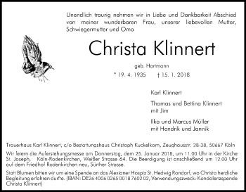 Anzeige von Christa Klinnert von Kölner Stadt-Anzeiger / Kölnische Rundschau / Express