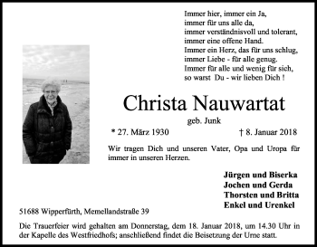 Anzeige von Christa Nauwartat von Kölner Stadt-Anzeiger / Kölnische Rundschau / Express