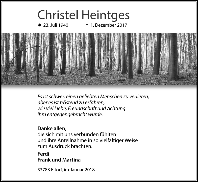 Traueranzeige für Christel Heintges vom 13.01.2018 aus Kölner Stadt-Anzeiger / Kölnische Rundschau / Express