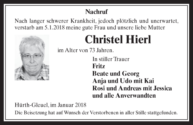  Traueranzeige für Christel Hierl vom 17.01.2018 aus  Wochenende 