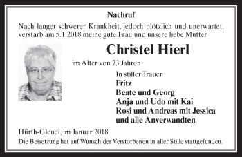 Anzeige von Christel Hierl von  Wochenende 