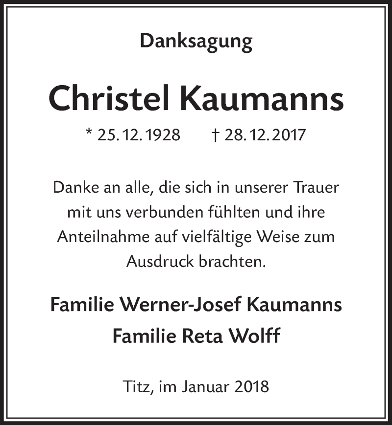  Traueranzeige für Christel Kaumanns vom 20.01.2018 aus  Sonntags-Post 