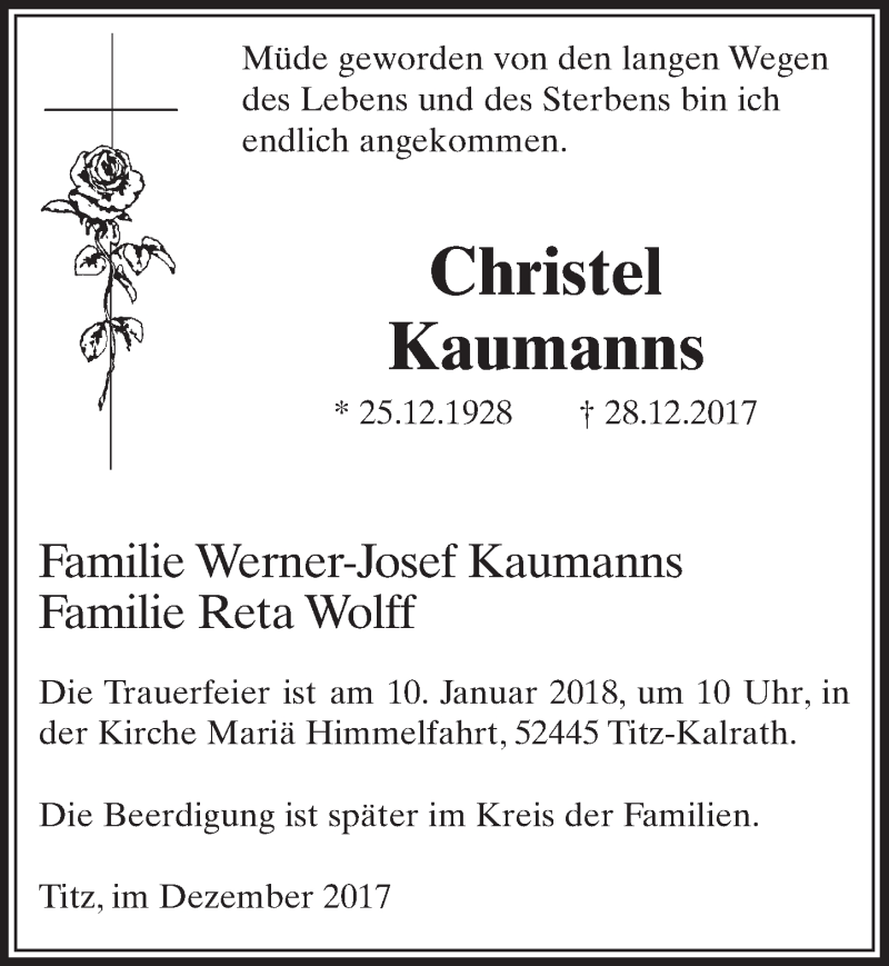  Traueranzeige für Christel Kaumanns vom 06.01.2018 aus  Sonntags-Post 
