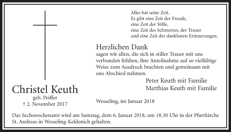  Traueranzeige für Christel Keuth vom 03.01.2018 aus  Schlossbote/Werbekurier 