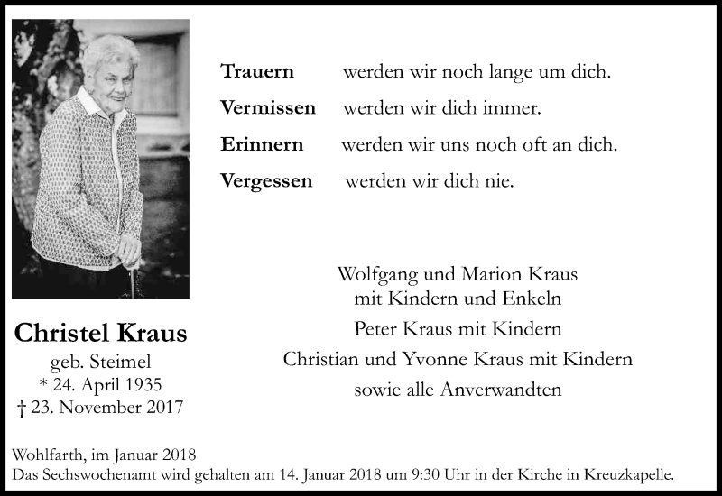  Traueranzeige für Christel Kraus vom 06.01.2018 aus Kölner Stadt-Anzeiger / Kölnische Rundschau / Express