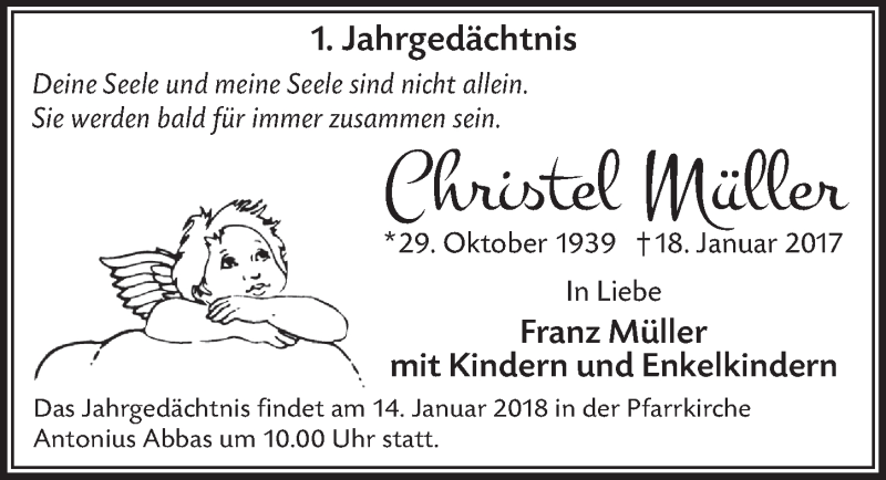  Traueranzeige für Christel Müller vom 10.01.2018 aus  Bergisches Handelsblatt 