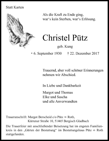 Anzeige von Christel Pütz von Kölner Stadt-Anzeiger / Kölnische Rundschau / Express