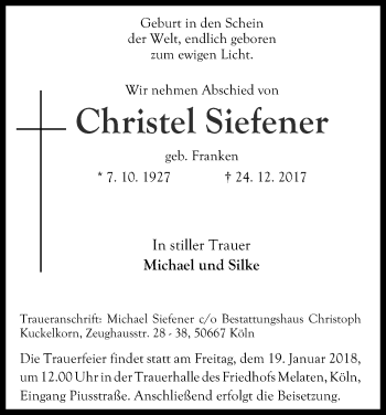 Anzeige von Christel Siefener von Kölner Stadt-Anzeiger / Kölnische Rundschau / Express