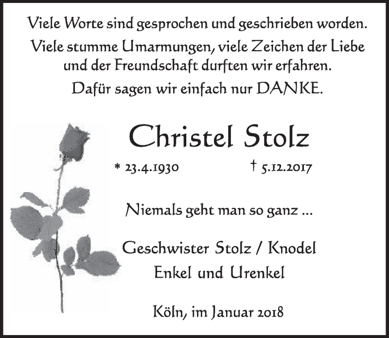  Traueranzeige für Christel Stolz vom 10.01.2018 aus  Schlossbote/Werbekurier 