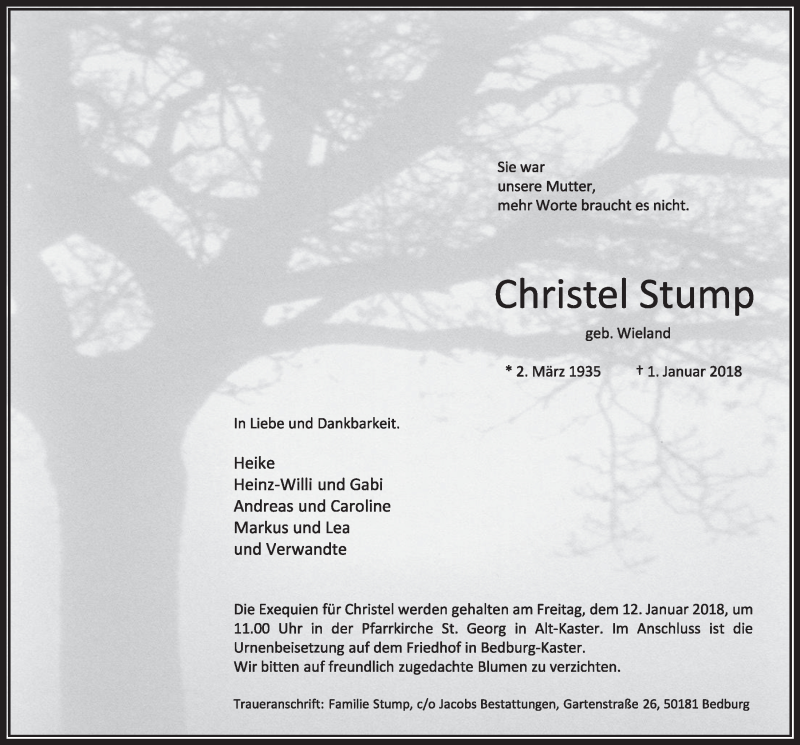  Traueranzeige für Christel Stump vom 06.01.2018 aus  Sonntags-Post 