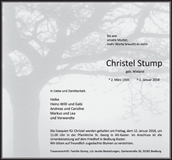 Anzeige von Christel Stump von  Sonntags-Post 