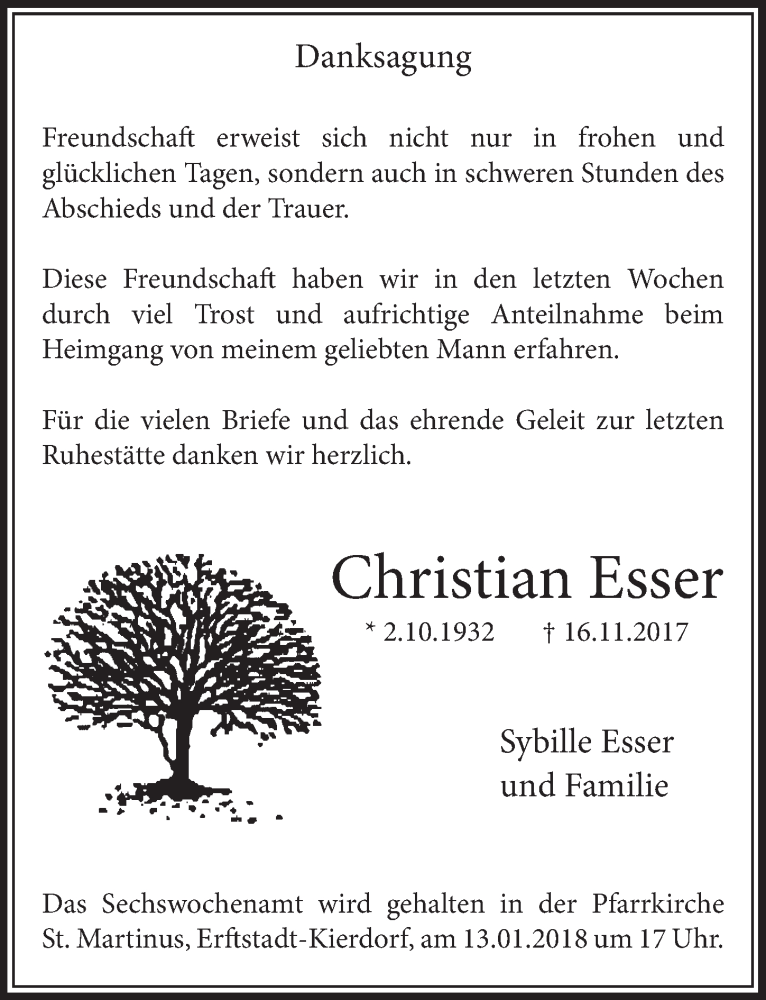  Traueranzeige für Christian Esser vom 10.01.2018 aus  Werbepost 
