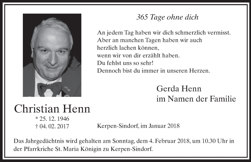  Traueranzeige für Christian Henn vom 20.01.2018 aus  Sonntags-Post 