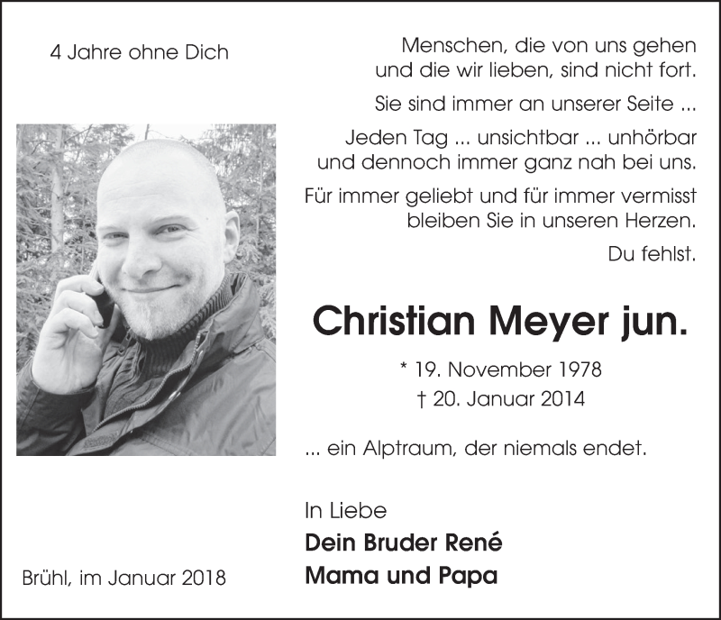  Traueranzeige für Christian Meyer vom 17.01.2018 aus  Schlossbote/Werbekurier 