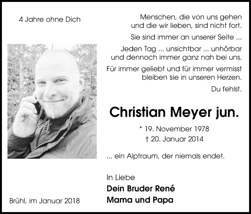  Traueranzeige für Christian Meyer vom 20.01.2018 aus Kölner Stadt-Anzeiger / Kölnische Rundschau / Express