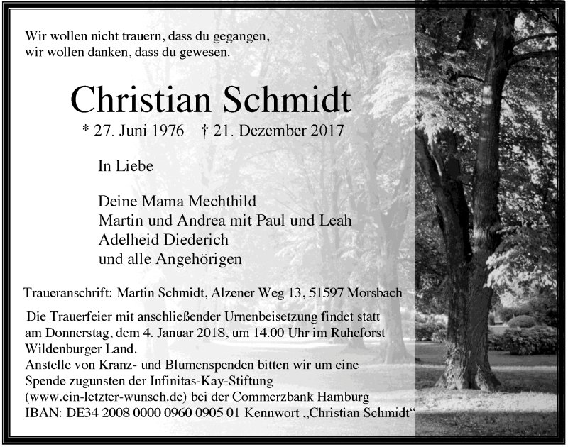  Traueranzeige für Christian Schmidt vom 03.01.2018 aus  Lokalanzeiger 