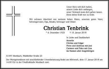 Anzeige von Christian Tenbrink von Kölner Stadt-Anzeiger / Kölnische Rundschau / Express