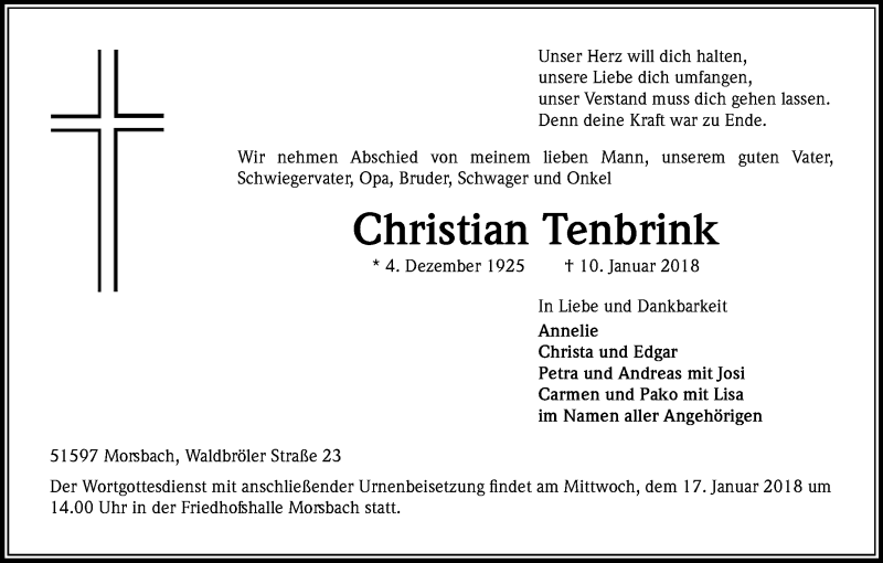  Traueranzeige für Christian Tenbrink vom 12.01.2018 aus Kölner Stadt-Anzeiger / Kölnische Rundschau / Express