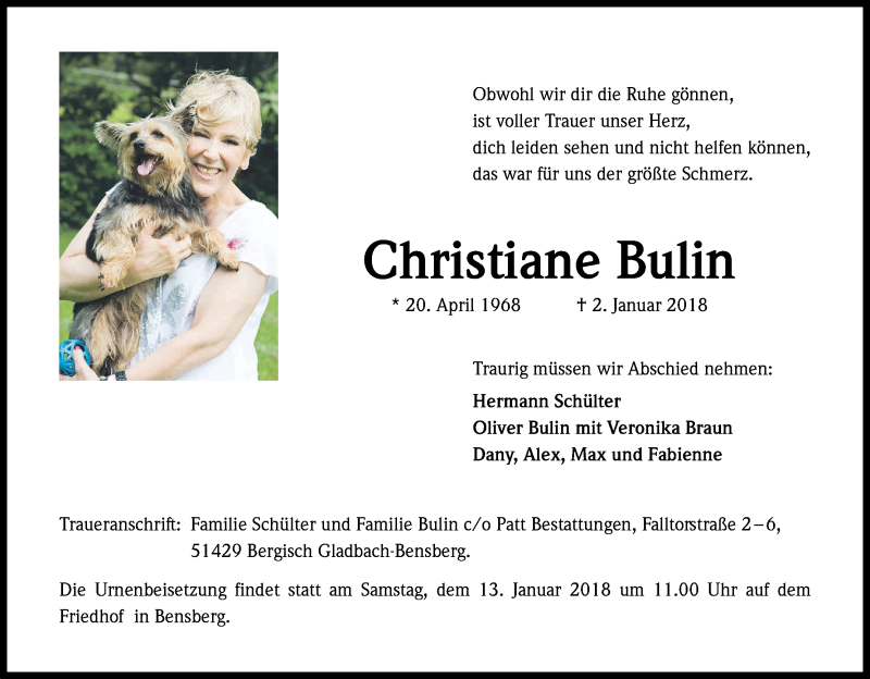  Traueranzeige für Christiane Bulin vom 06.01.2018 aus Kölner Stadt-Anzeiger / Kölnische Rundschau / Express