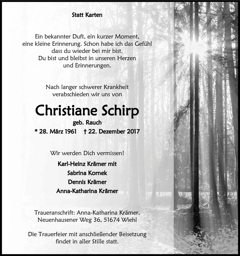  Traueranzeige für Christiane Schirp vom 06.01.2018 aus Kölner Stadt-Anzeiger / Kölnische Rundschau / Express